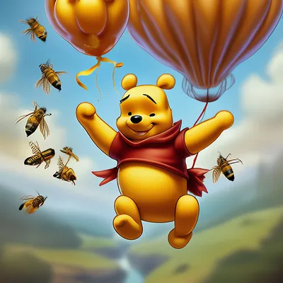 Майки, футболки детские Винни-Пух висит на воздушном шарике, пчёлы -  Карандаш