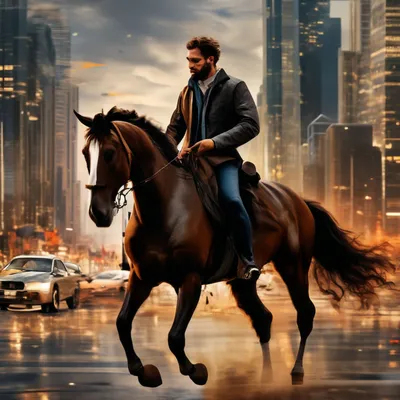 Всадник на коне на фоне города …» — создано в Шедевруме